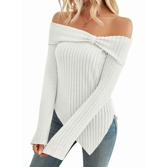Womens Cute Bow-Knot Off Shoulder Knitted Sweater Shirt Tops Side Slit Pullover Trendy Y2k Aesthetic Clothes White M