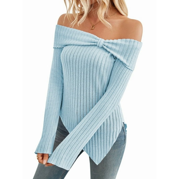 Womens Cute Bow-Knot Off Shoulder Knitted Sweater Side Slit Pullover Trendy Y2k Aesthetic Clothes Light Blue XXL