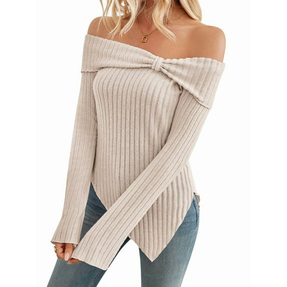 Womens Cute Bow-Knot Off Shoulder Knitted Sweater Side Slit Pullover Trendy Y2k Aesthetic Clothes M