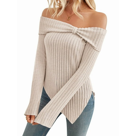 Womens Cute Bow-Knot Off Shoulder Knitted Sweater Side Slit Pullover Trendy Y2k Aesthetic Clothes M