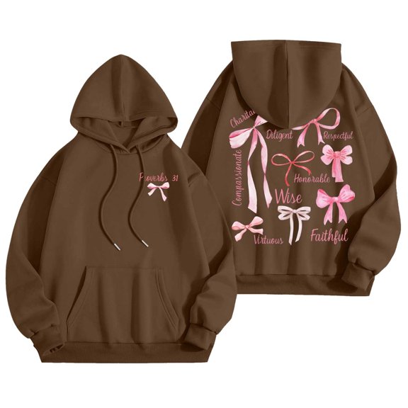 Womens Cute Bow Print Hoodie Comfy Preppy Hooded Loose Casual Sweatshirt for Girls Long Sleeve Drawstring Pullover Tops with Pocket Z1-Coffee S