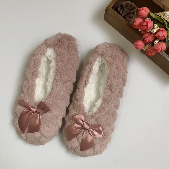 Womens Cute Bow Slipper Socks with Grippers Fuzzy Fluffy House Floor Shoes (Khaki 42)