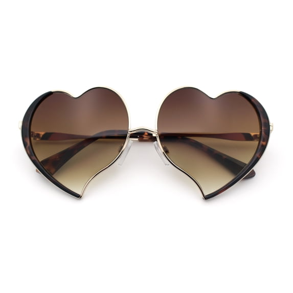 Womens Cute Bubbly Heart Shape Metal Rim Retro Lolita Sunglasses / Gold Tortoise - Brown
