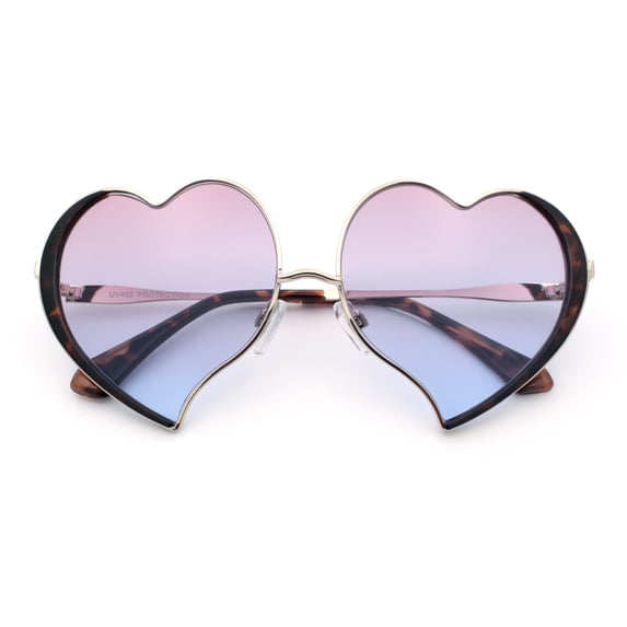 Womens Cute Bubbly Heart Shape Metal Rim Retro Lolita Sunglasses / Gold Tortoise - Purple Blue