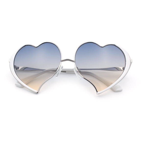 Womens Cute Bubbly Heart Shape Metal Rim Retro Lolita Sunglasses Silver White - Blue Beige
