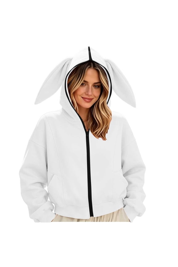 Womens Cute Bunny Ear Hooded Zip Up Sweatshirt Coat Oversized Kawaii Cropped Jacket Fashion Fall Winter Casual Outerwear White L