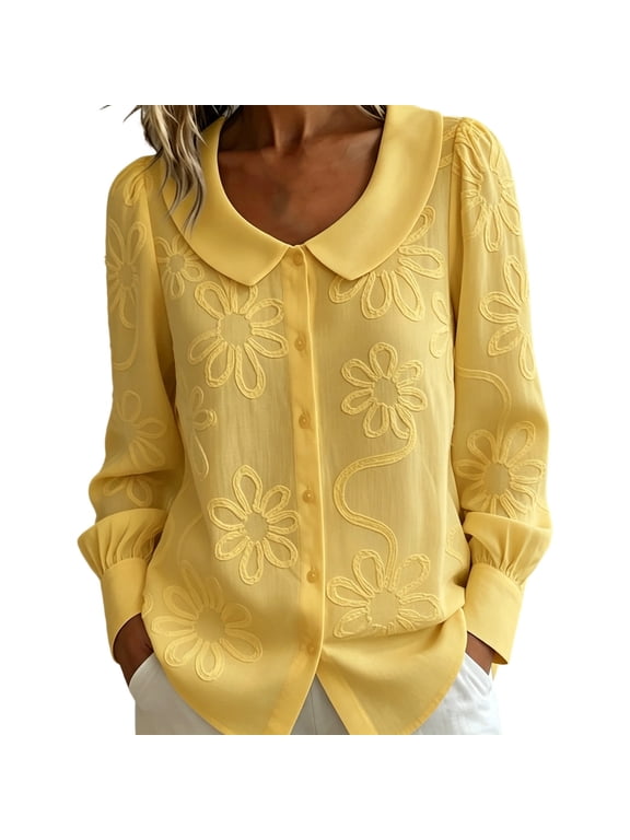 Womens Cute Button Down Shirts Floral Embroidered Collared Long Sleeve Tops Fall Casual Vacation Work Blouses Yellow XL