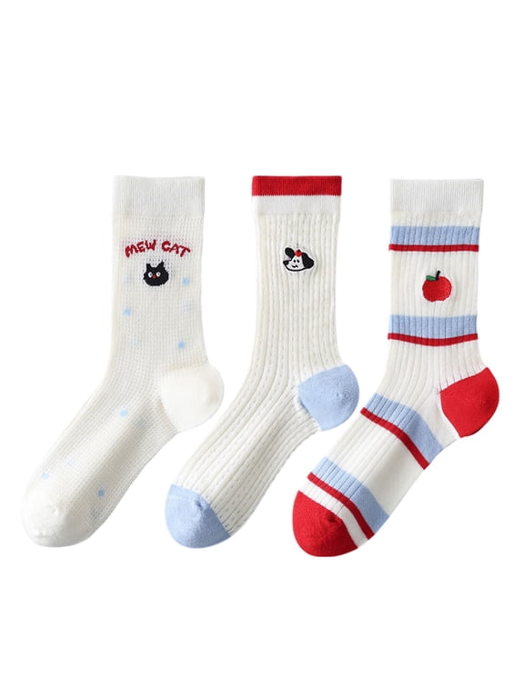 Womens Cute Cartoon Embroidered Crew Socks 3-Pair Pack Fun Patterned Cotton Knit Soft and Stretchy Casual Style - 3 pcs-A