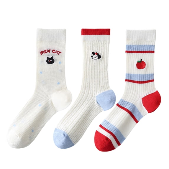 Womens Cute Cartoon Embroidered Crew Socks 3-Pair Pack Fun Patterned Cotton Knit Soft and Stretchy Casual Style - 3 pcs-A