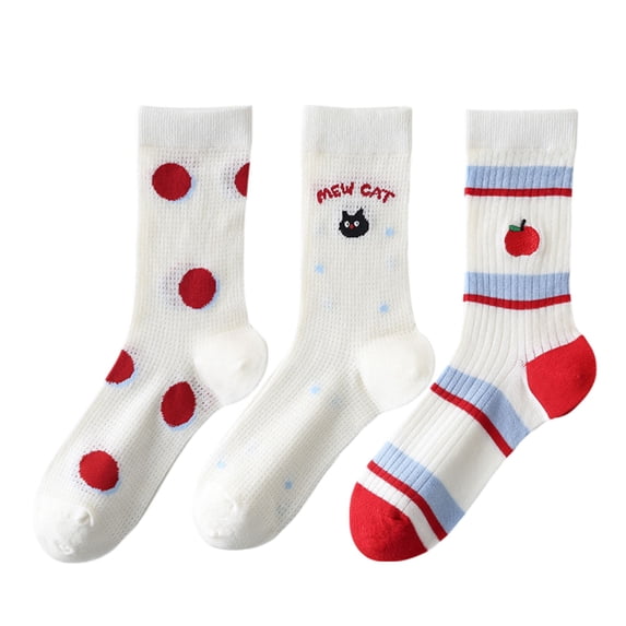 Womens Cute Cartoon Embroidered Crew Socks 3-Pair Pack Fun Patterned Cotton Knit Soft and Stretchy Casual Style - 3 pcs-C