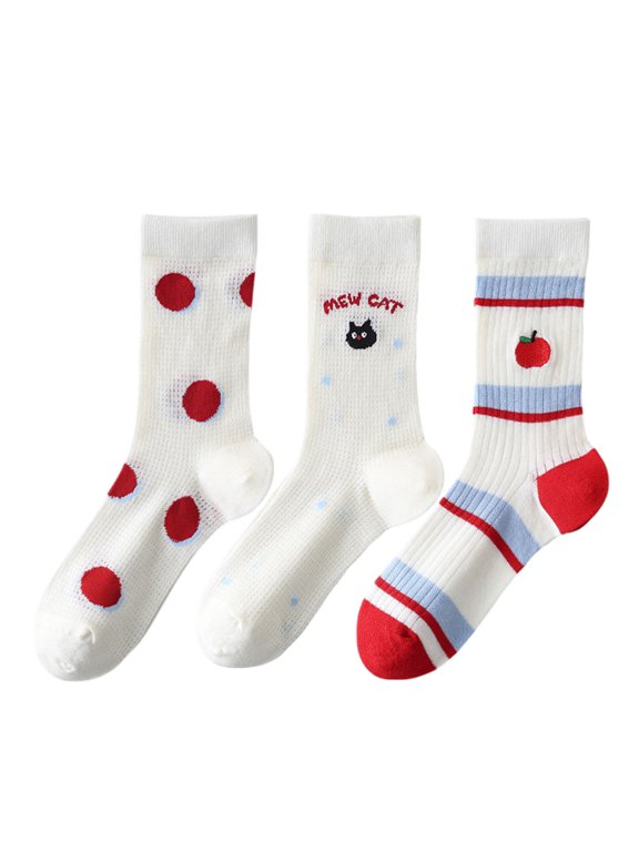 Womens Cute Cartoon Embroidered Crew Socks 3-Pair Pack Fun Patterned Cotton Knit Soft and Stretchy Casual Style - 3 pcs-C