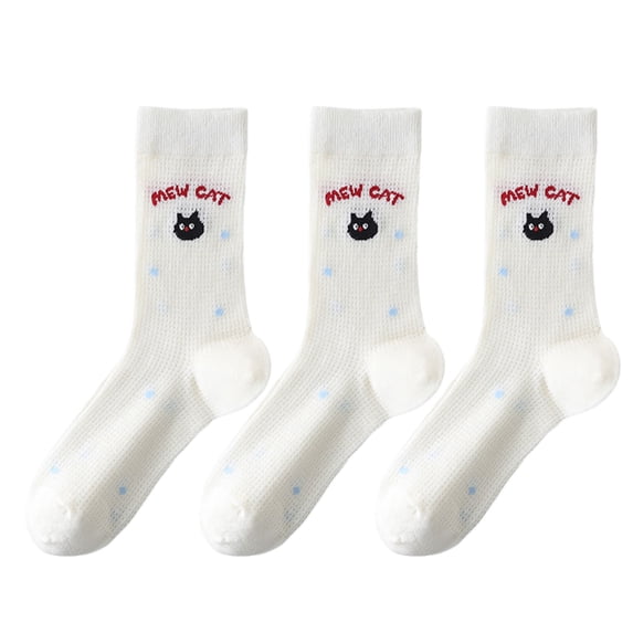Womens Cute Cartoon Embroidered Crew Socks 3-Pair Pack Fun Patterned Cotton Knit Soft and Stretchy Casual Style - 3 pcs cat