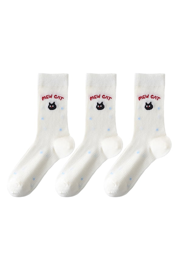 Womens Cute Cartoon Embroidered Crew Socks 3-Pair Pack Fun Patterned Cotton Knit Soft and Stretchy Casual Style - 3 pcs cat