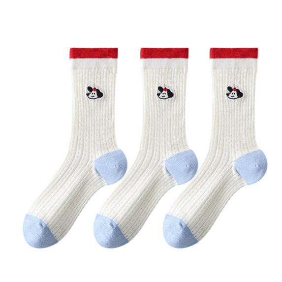 Womens Cute Cartoon Embroidered Crew Socks 3-Pair Pack Fun Patterned Cotton Knit Soft and Stretchy Casual Style - 3 pcs dog