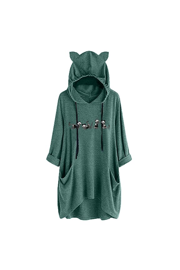 Womens Cute Cat Ear Hoodie Longline Oversized Casual Long Sleeve Loose Fit Pullover Sweatshirt Pocket Green