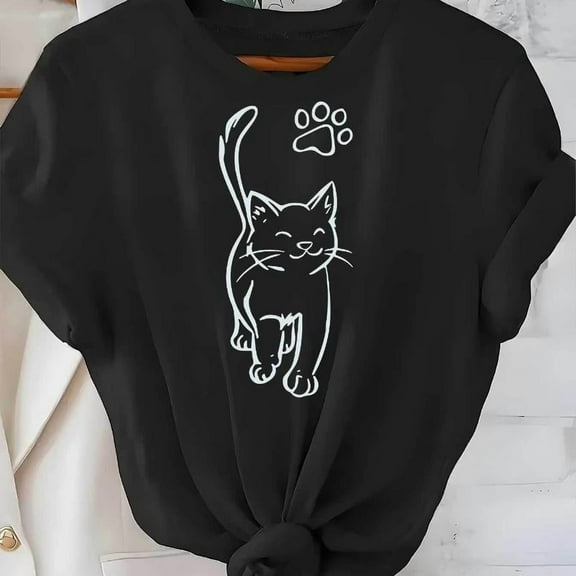 Womens Cute Cat & Paw Print Graphic Tees Sweet Animal - Themed Print T - shirts With Adorable Cat And Paw Print Design Comfortable Short Sleeve Casual Daily Wear Tops Perfect For Cat Lovers