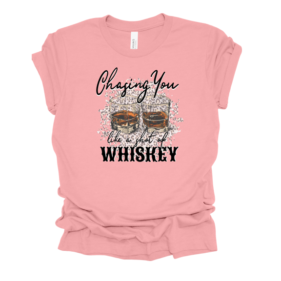 Womens Cute Cheetah Whiskey Glasses Chasing You Like A Shot Of Whiskey Ladies Short Sleeve T-Shirt-Pink-X-Large