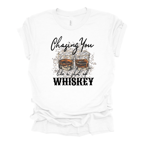 Womens Cute Cheetah Whiskey Glasses Chasing You Like A Shot Of Whiskey Ladies Short Sleeve T-Shirt-White-X-Large