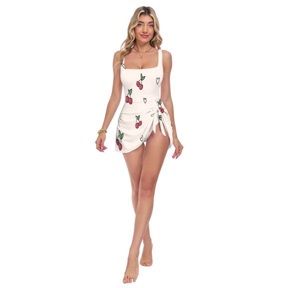 Womens Cute Cherry Heart Pattern Print 2-in-1 Swim Dress Detachable Skirt One-Piece Swimsuit Square Neck S-XXL