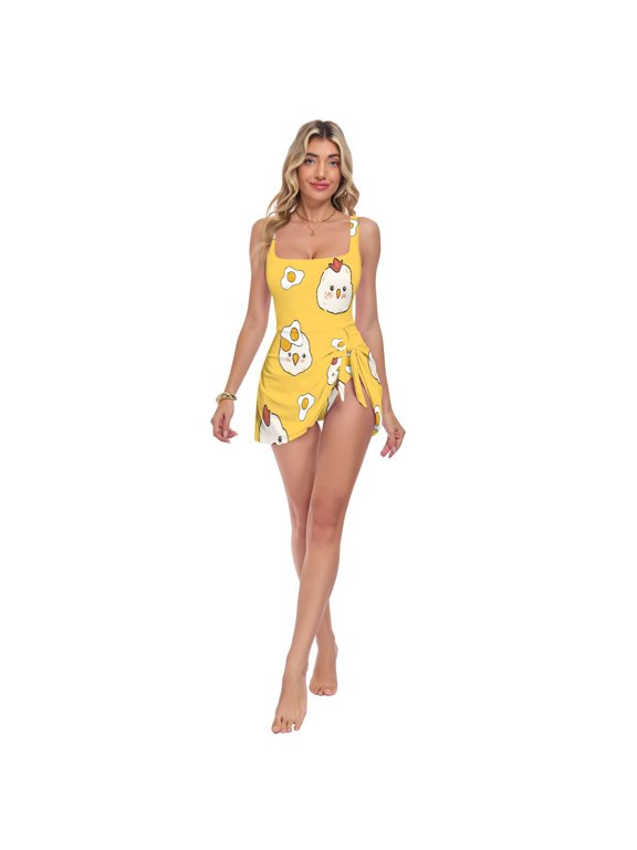Womens Cute Chicken Face Pattern Print 2-in-1 Swim Dress Detachable Skirt One-Piece Swimsuit Square Neck S-XXL