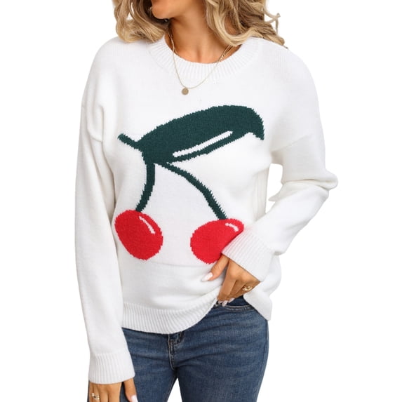 Womens Cute Chunky Knit Sweaters Trendy 3D Cherry Print Fall Winter Warm Crew Neck Knitted Pullover Tops White L