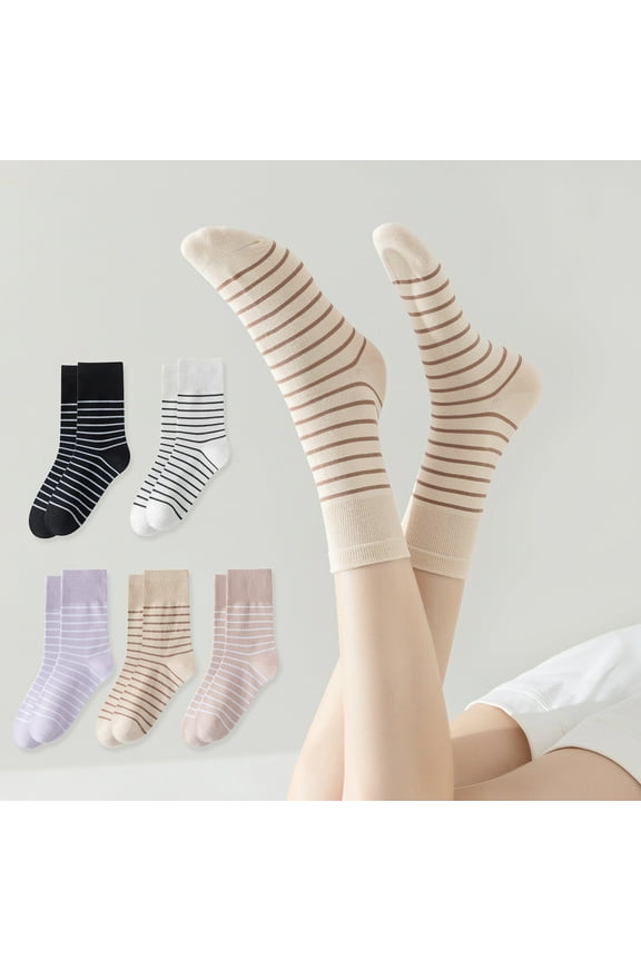 5 Pairs Womens Striped Crew Socks, Cotton Cozy Casual Socks for Women 4 Pairs, Size 5 - 10