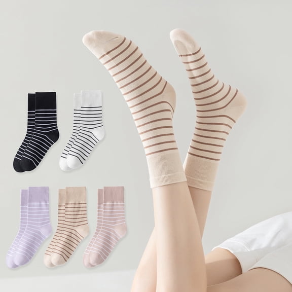 Womens Striped Crew Socks, Cotton Cozy Casual Socks for Women 5 Pairs, Size 5-10