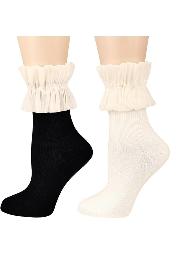 Womens Cute Crew Socks Satin Bow Ruffle Frilly Cotton Elegant Princess Lace Ankle Dress Socks 2 Pack