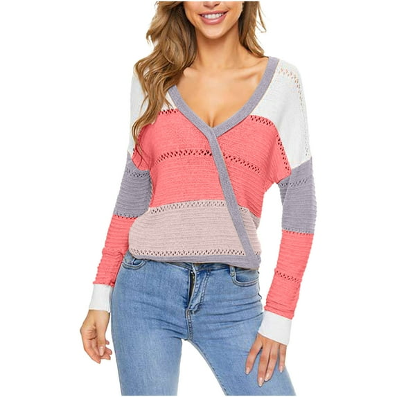 Womens Cute Crochet Sweater Fall Color Block V-Neck Hollow Out Knit Pullover Sweater for Women Comfy Lightweight Long Sleeve Sweaters Tops