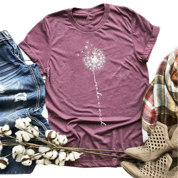 Womens Cute Dandelion Printed T-shirt Summer O-neck Short Sleeve Tops