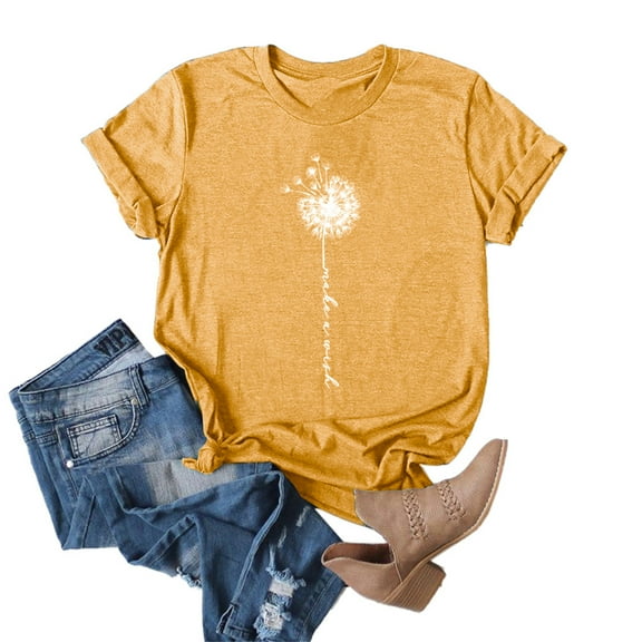 Womens Cute Dandelion Printed T-shirt Summer O-neck Short Sleeve Tops