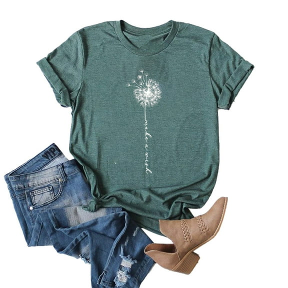 Womens Cute Dandelion Printed T-shirt Summer O-neck Short Sleeve Tops