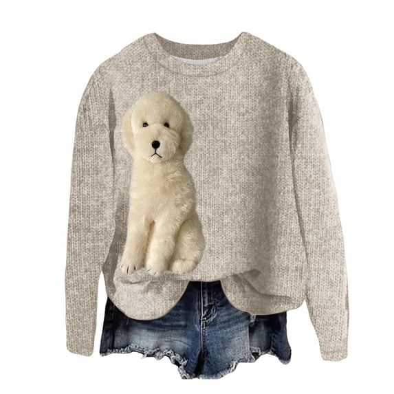 Womens Cute Dog Printed Sweatshirts Trendy Crew Neck Long Sleeve Graphic Tops Fall Loose Fit Tshirts Pullovers Beige XL