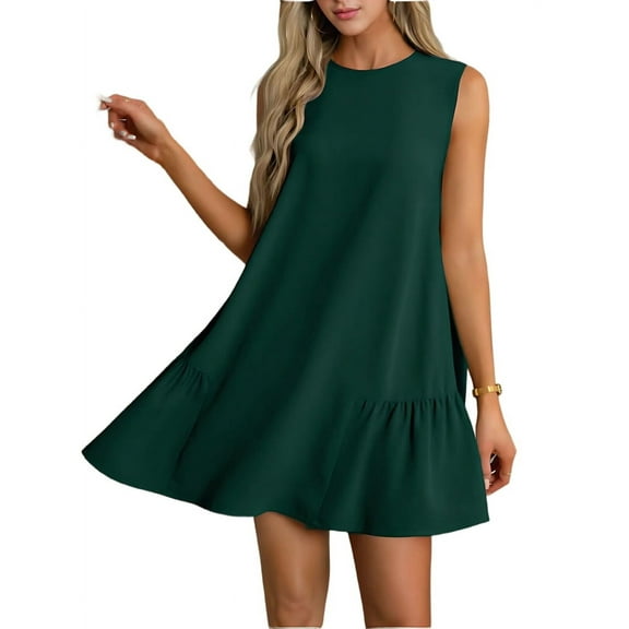 Womens Cute Dress A-Line Round Neck Dress Sleeveless Dark Green L