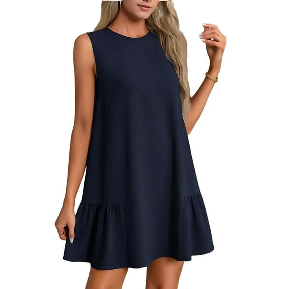 Womens Cute Dress A-Line Round Neck Dress Sleeveless Navy Blue XL