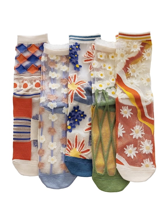 Womens Cute Flower Sheer Socks Kawaii Floral Lace Mesh Silk Crew Socks for Women 5 Pairs Fun Aesthetic Tulle Socks