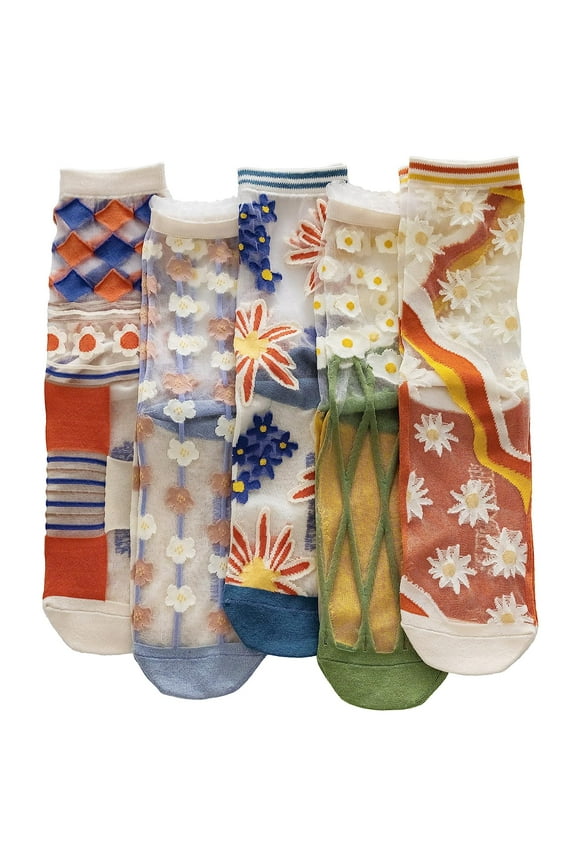 Womens Cute Flower Sheer Socks Kawaii Floral Lace Mesh Silk Crew Socks for Women 5 Pairs Fun Aesthetic Tulle Socks