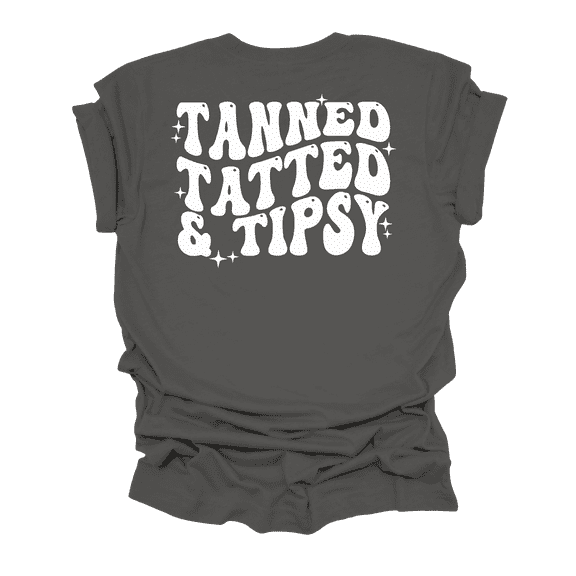 Womens Cute Funny Tanned Tatted & Tipsy Groovy Design Ladies Short Sleeve T-Shirt-Asphalt-Small
