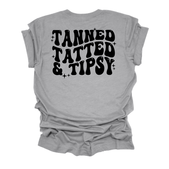 Womens Cute Funny Tanned Tatted & Tipsy Groovy Design Ladies Short Sleeve T-Shirt-Athletic Grey-Small