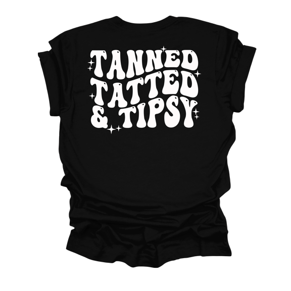 Womens Cute Funny Tanned Tatted & Tipsy Groovy Design Ladies Short Sleeve T-Shirt-Black-Medium