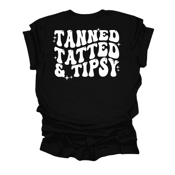 Womens Cute Funny Tanned Tatted & Tipsy Groovy Design Ladies Short Sleeve T-Shirt-Black-X-Large