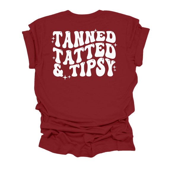 Womens Cute Funny Tanned Tatted & Tipsy Groovy Design Ladies Short Sleeve T-Shirt-Cardinal-XX-Large