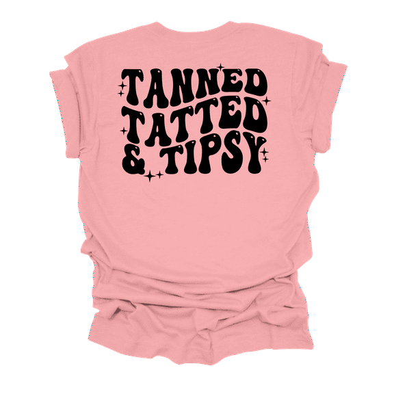 Womens Cute Funny Tanned Tatted & Tipsy Groovy Design Ladies Short Sleeve T-Shirt-Pink-Large