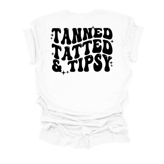 Womens Cute Funny Tanned Tatted & Tipsy Groovy Design Ladies Short Sleeve T-Shirt-White-Large