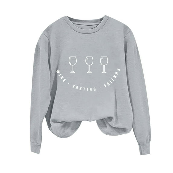 Womens Cute Graphic Sweatshirts Funny Wine Tasting Friends Letter Print Pullover Tops Oversized Crewneck Sweatshirt Drop Shoulder Long Sleeve Hoodies Sweater Trending Thanksgiving Day Clothing