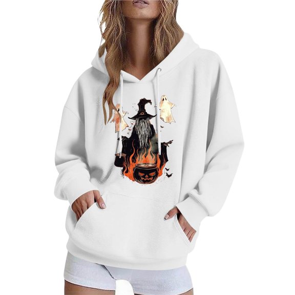 Byworldtasic Womens Sweatshirts Womens Cute Halloween Prints Hooded Y2K Pullover Sweatshirt Oversized Crewneck Long Sleeve Tops