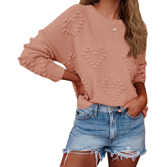 Womens Cute Heart Love Print Valentine Sweater Tops Oversized Crew Neck Dot Ball Loose Knitted Jumper Pullover