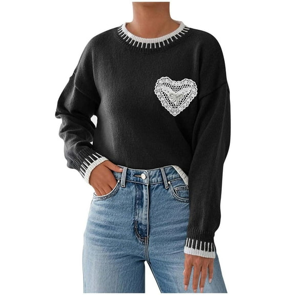 Womens Cute Heart Sweaters Crew Neck Valentines Day Sweater Long Sleeve Casual Ribbed Knit Pullover Top Black, M
