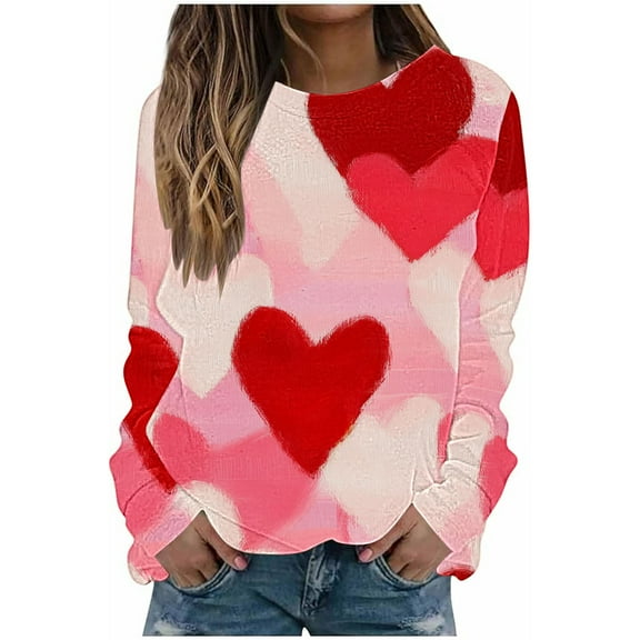 Womens Cute Heart Sweatshirt for Valentines Day Plus Size Long Sleeve Pullover Tops Crewneck Shirts