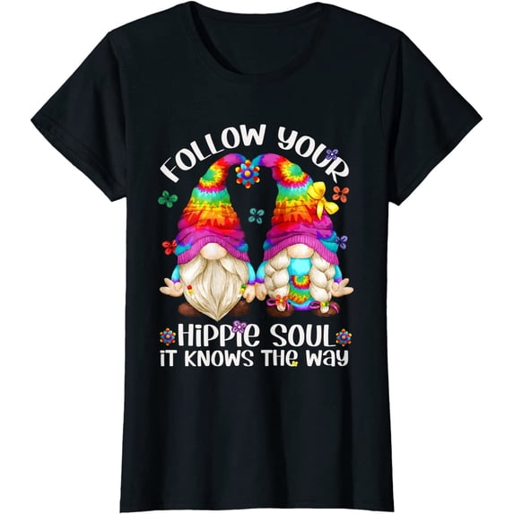 Womens Cute Hippie Gnome T-Shirt Hippie Soul It Knows The Way Casual Short Sleeve Tops Black 3X-Large